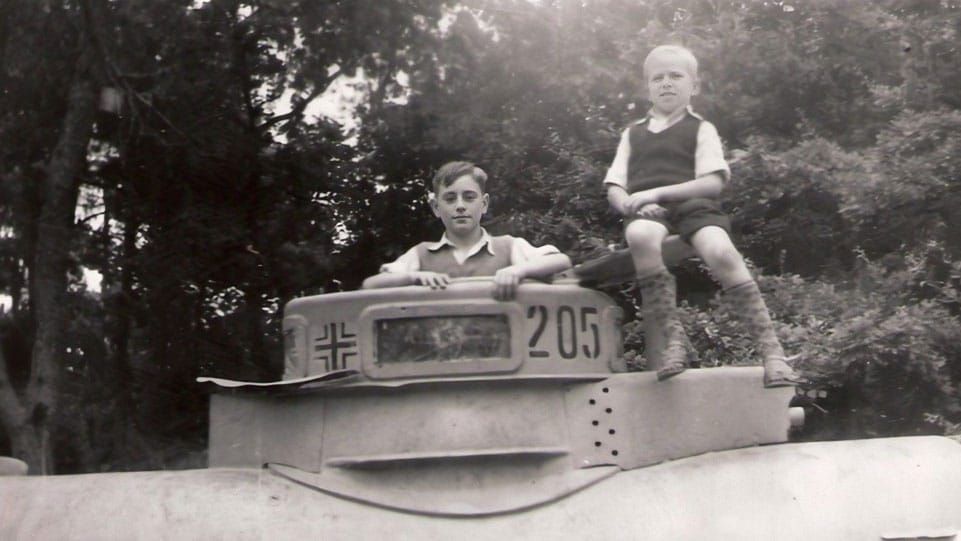 Wil Akkermans and Keith Lucas on one of the tanks left at Overloon in 1950