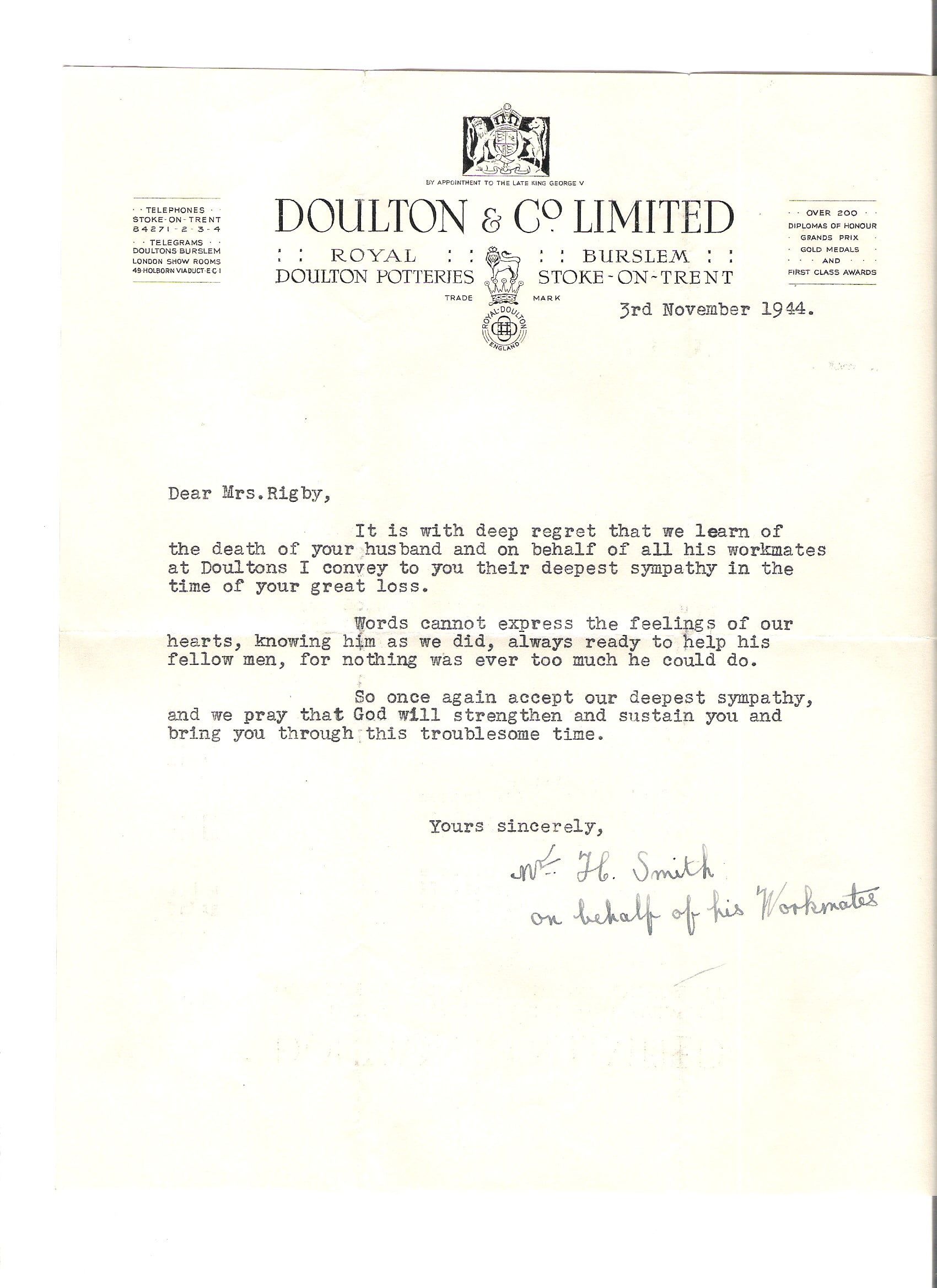 Condoleance werkgever Doulton