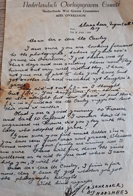 Brief Nederlands Oorlogsgraven Comité Toon Schrader