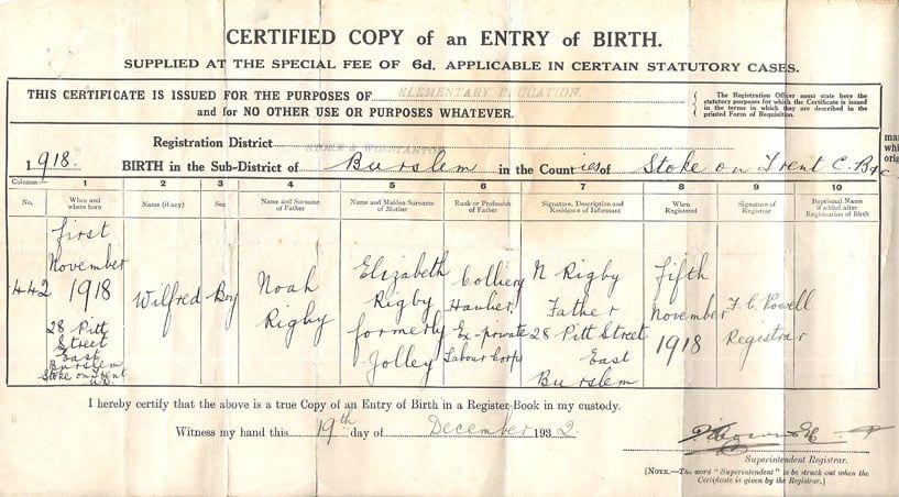 Birth certificate Wilfred Rigby