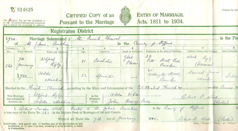 Marriage certificate Wilfred and Hilda