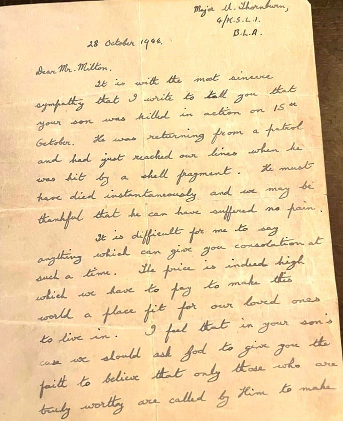 Letter from Major Urwin Thornburn to the family