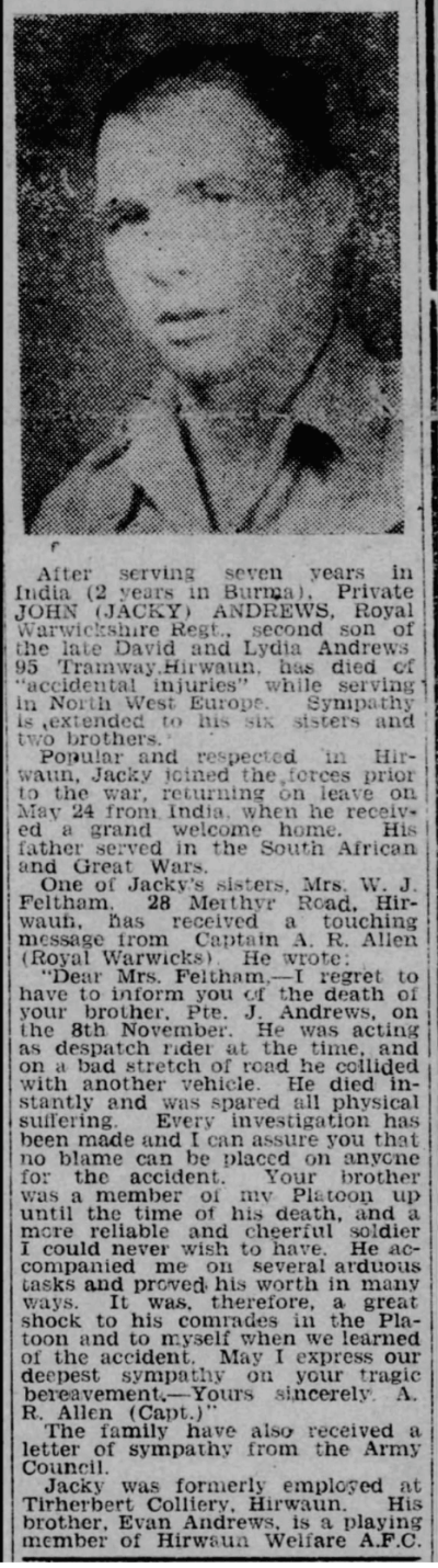 Article Aberdare Leader December 9 1944