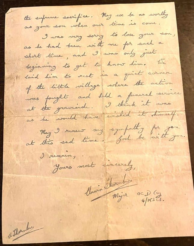 Letter from Major Urwin Thornburn to the family