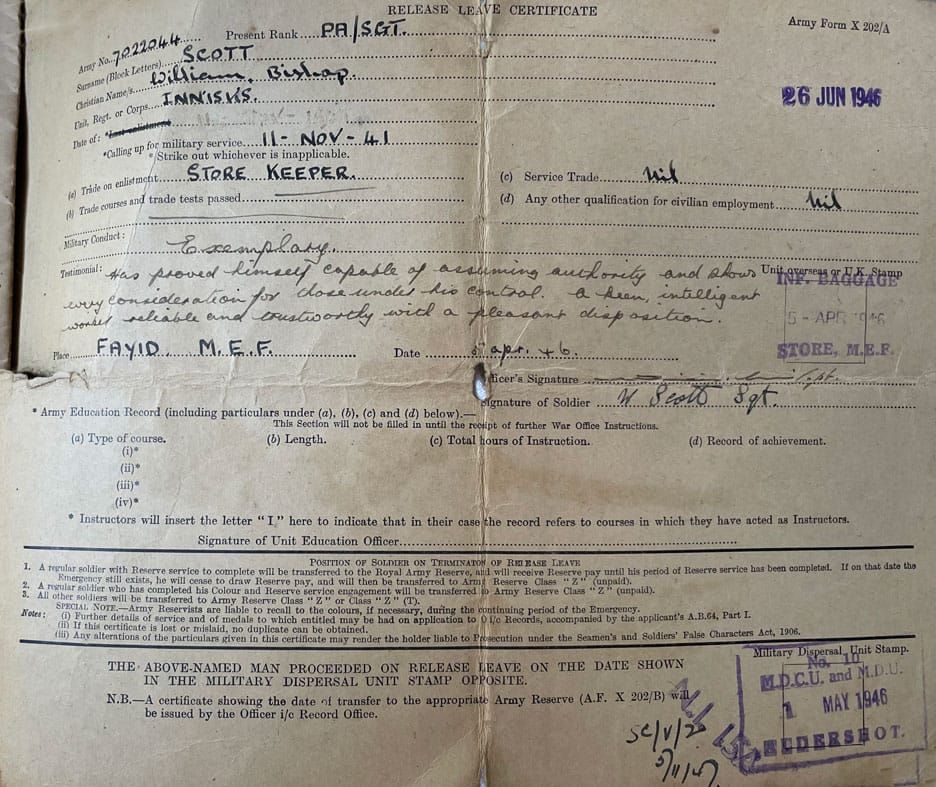 Release Leave Certificate William Bishop Scott