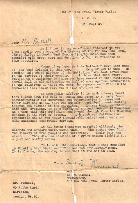 Brief van de Luitenant Kolonel van het regiment
