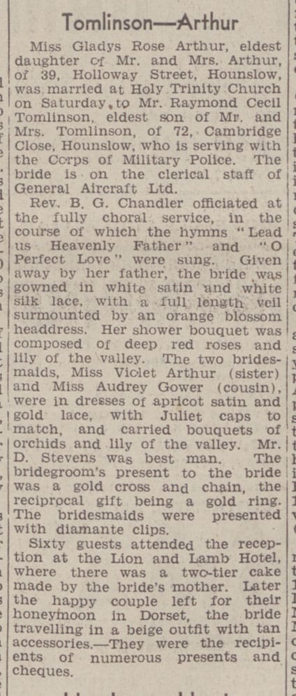 Middlesex Chronicle 15 May 1943 about the marriage of Raymond and Gladys