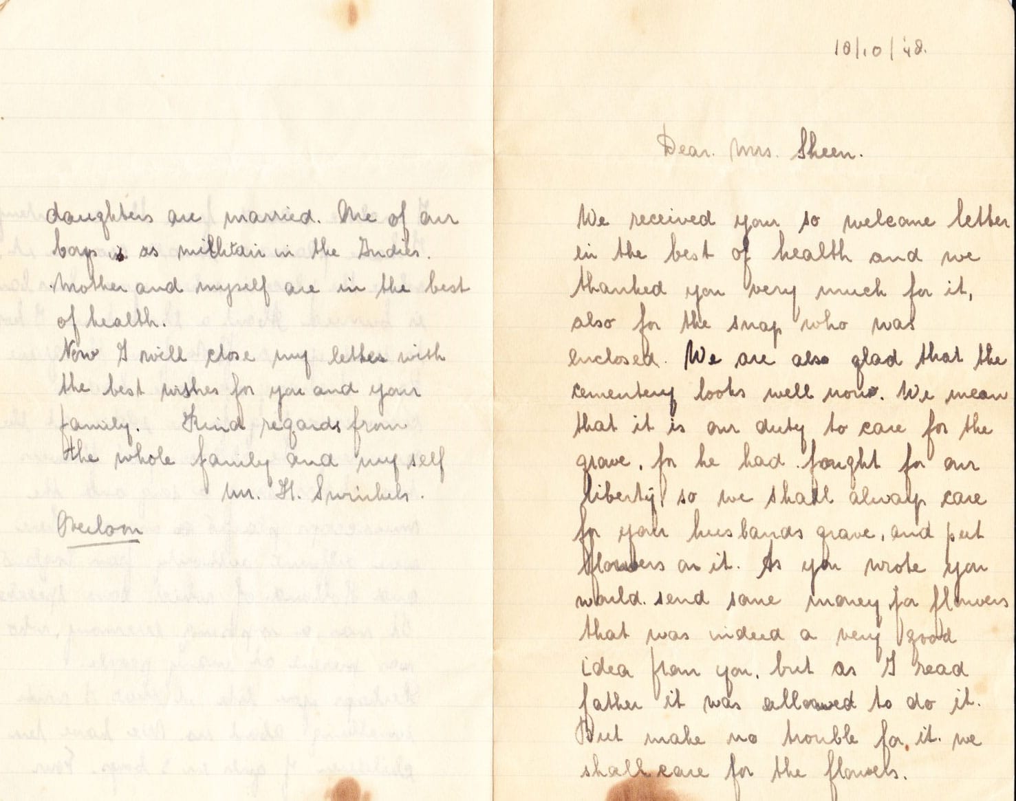 Letter from Swinkels family page 1